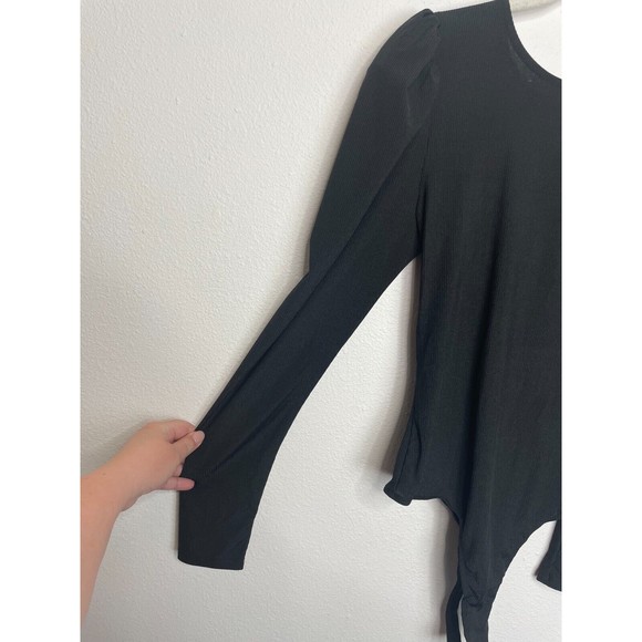 ASTR The Label Medium Rib Multi Back Cutout Bodysuit In Black Long Puff Sleeve - Picture 9 of 16